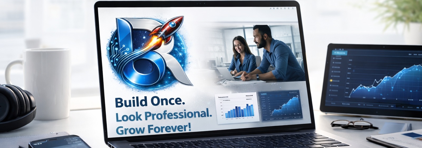 Mission visual representing web development, speed, and lead growth (light theme)