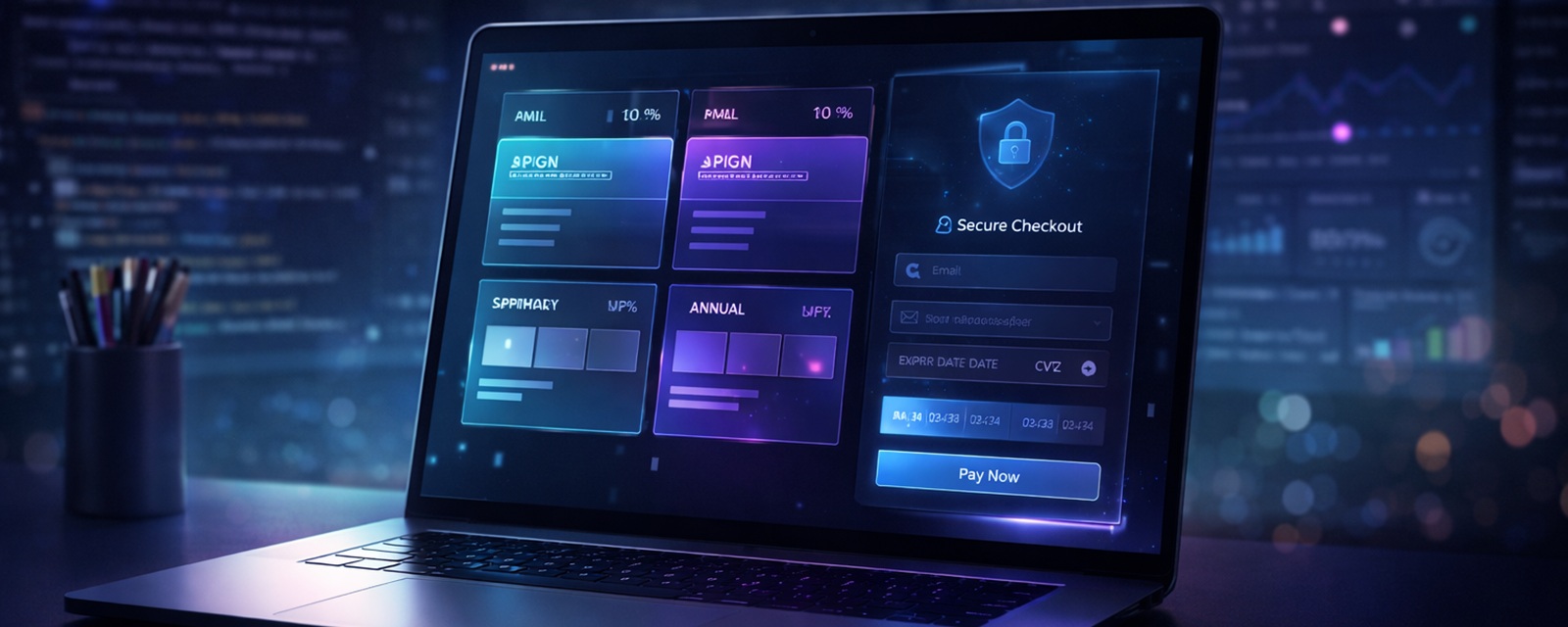 Secure checkout and pricing visual (dark theme)