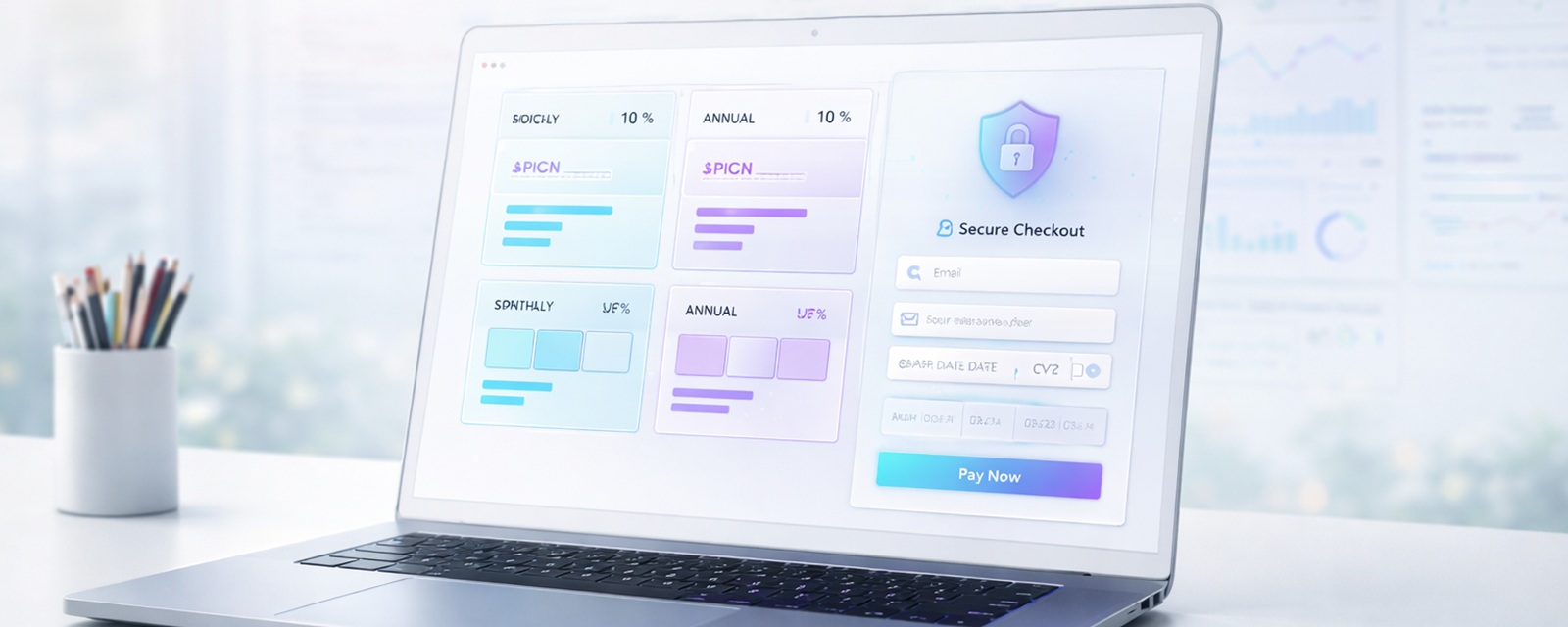 Secure checkout and pricing visual (light theme)